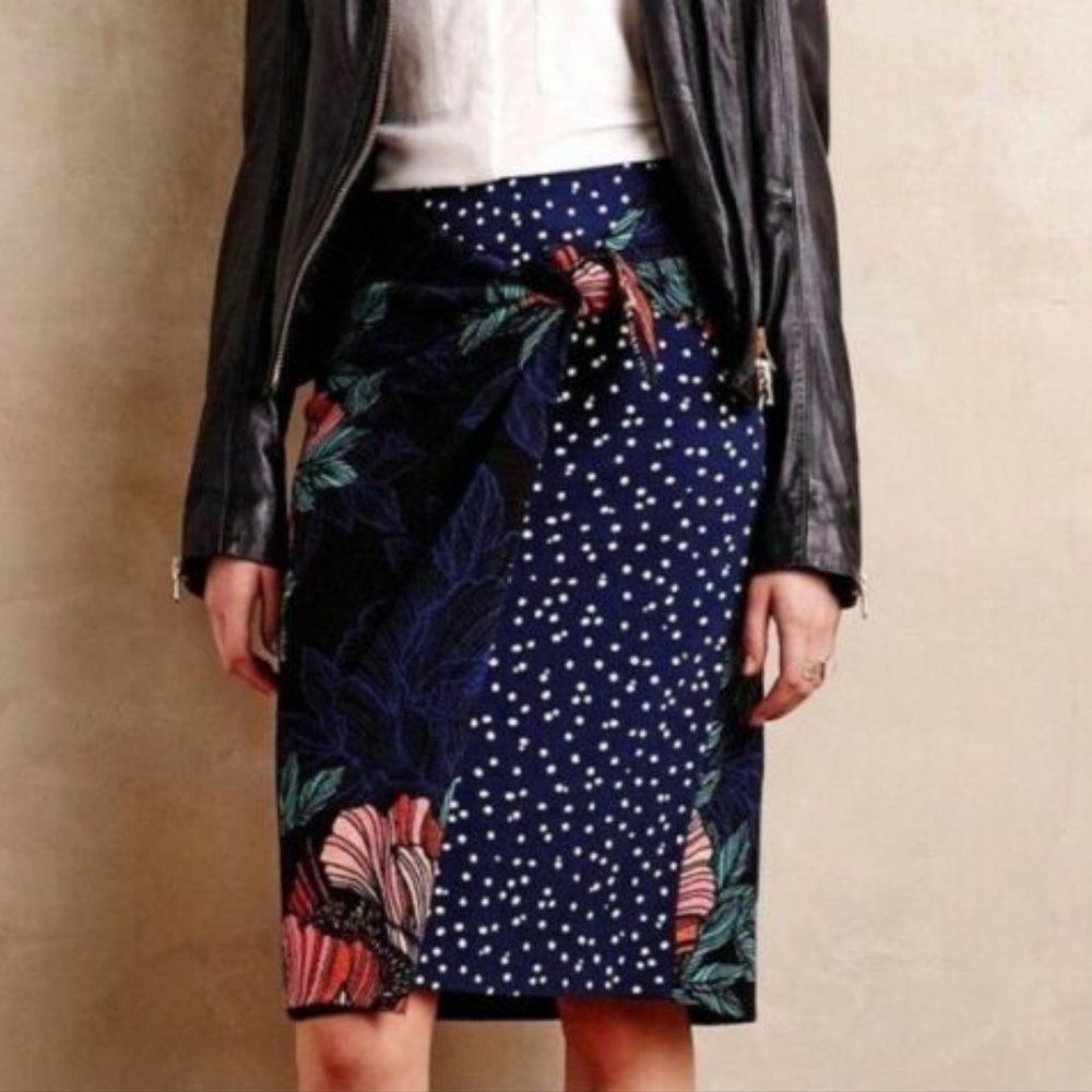 Maeve Navy Floral Pencil Skirt with Coral Accents